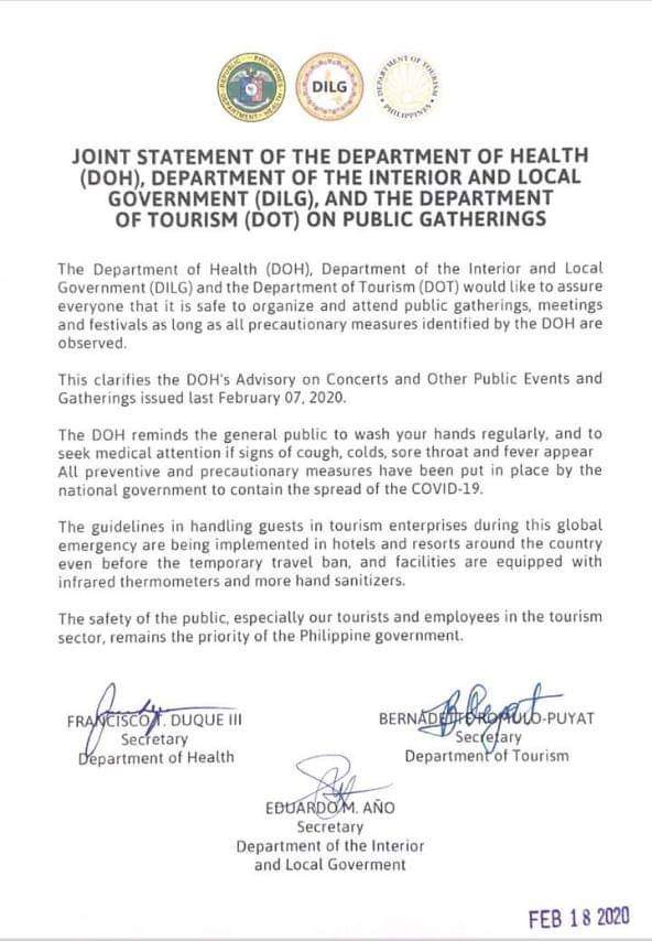 DOH-DILG-DOT Joint Statement on Public Gatherings