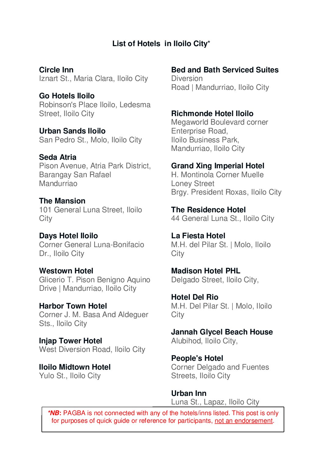 List of Hotels/Inns in Iloilo City